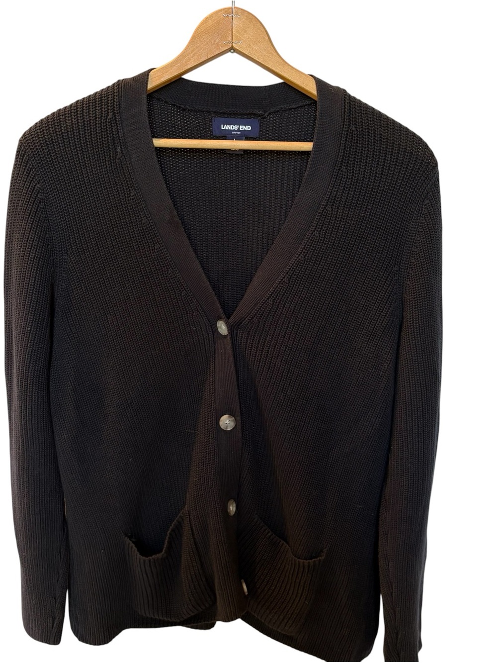 Lands' End Women's Black V-Neck Button Cardigan Sweater L(14-16) 100% Cotton